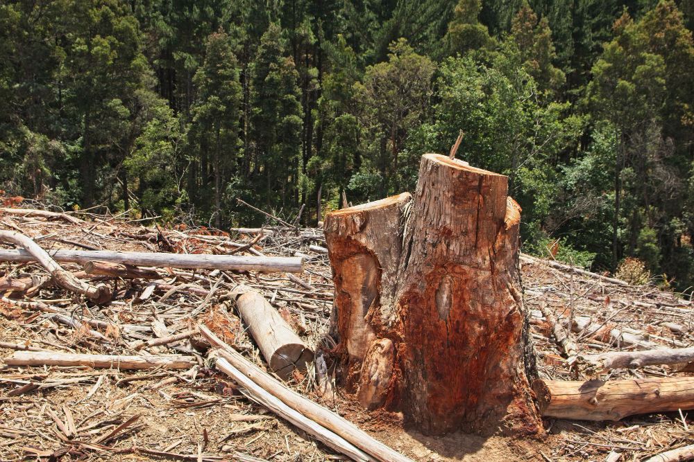 A deforested area showing a tree stump and fallen logs.