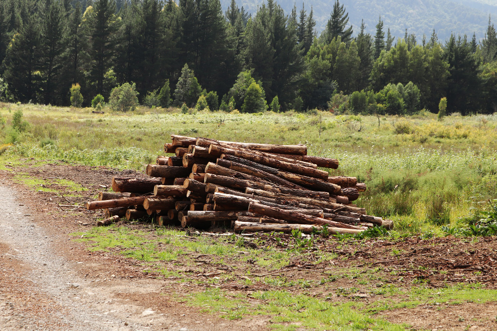 A pile of stacked logs in a forest clearing surrounded by greenery.