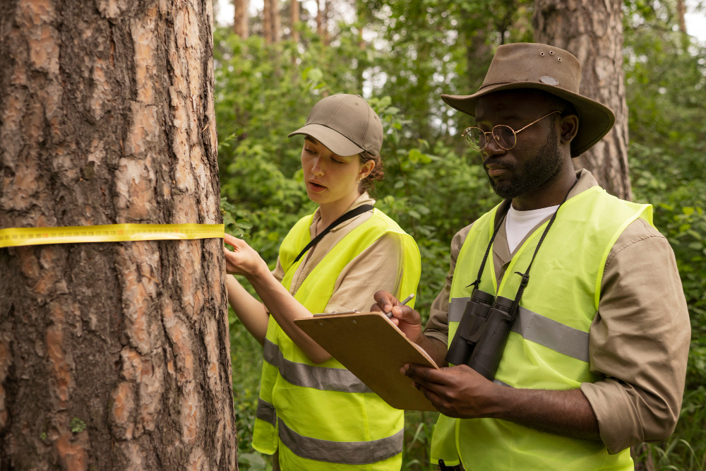 Two researchers measuring a tree in a forest with a tape measure.